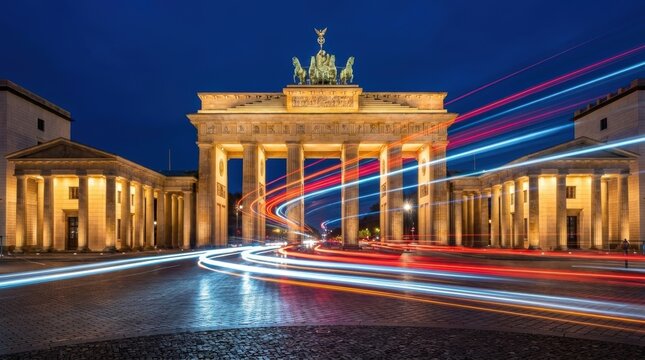 Brandenburg Gate in Berlin illuminated at night, showing dynamic light trails from passing vehicles and urban movement