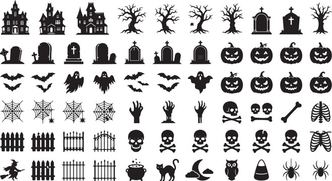 Halloween icon set featuring monochrome silhouettes of spooky elements like haunted houses, skulls, pumpkins, and ghosts on a plain background