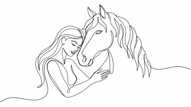 Woman resting forehead against a horse continuous line