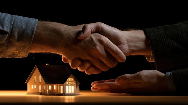 Closeup image of two people shaking hands over a glowing miniature house model symbolizing agreement and trust in real estate or property deal at night
