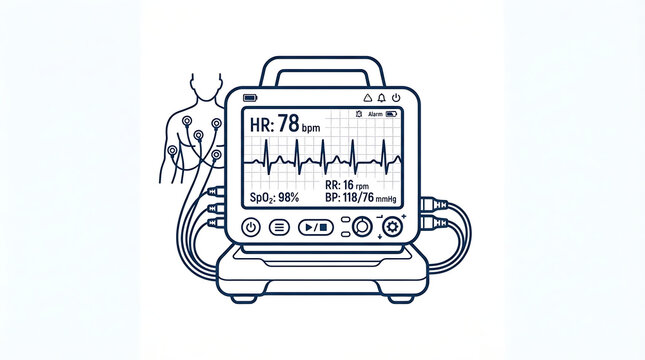Medical patient monitoring device displaying vital signs and heart rhythm on a digital screen