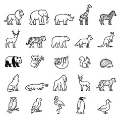 Naklejka premium Collection of minimalist animal outline icons featuring wildlife species like lion, elephant, and penguin for web design