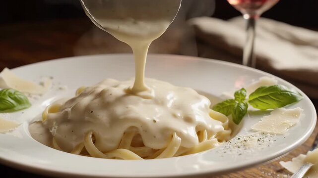 Chef pouring creamy Alfredo sauce over fresh fettuccine pasta garnished with basil leaves