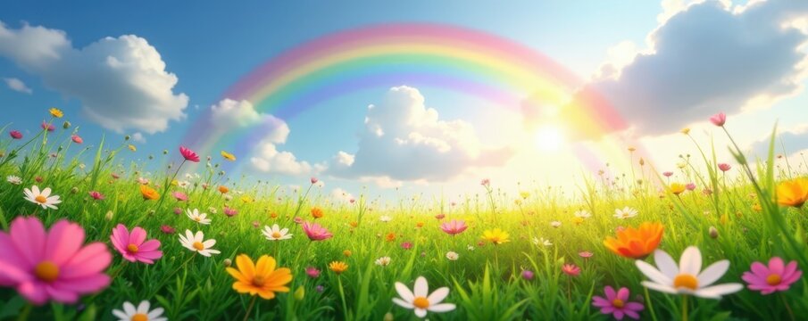 Gentle rainbow's curve above calm, blooming meadow , soft, nature, botany
