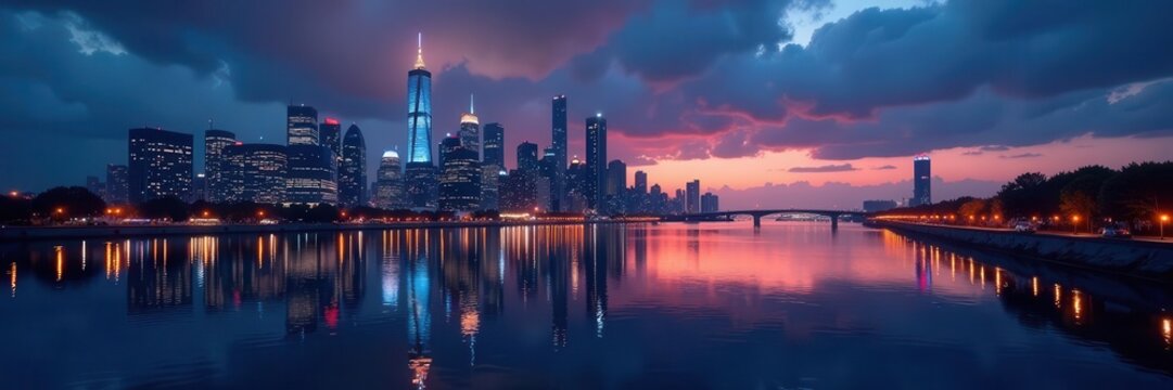 Glimmering skyscrapers, dark river reflection, lightscape, glass, NYC