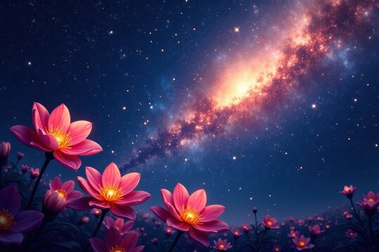 Floral constellation, radiant petals, star-strewn night , night, vibrant, shine