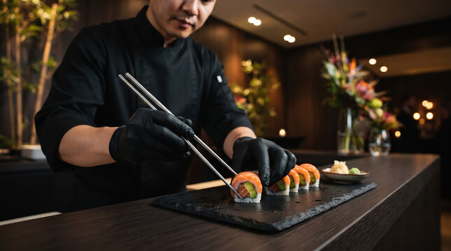 Professional sushi chef preparing sushi rolls at a restaurant bar counter with black uniform black gloves food preparation japanese cuisine culinary arts chef hands restaurant interior