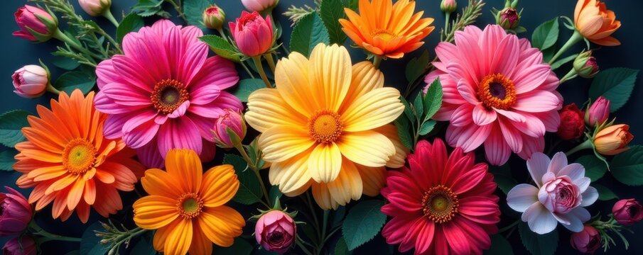 Golden accents adorn a fanned arrangement of vibrant blooms , red, texture