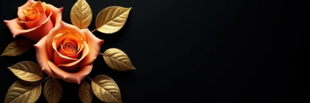 Luxurious gold-leaf roses, velvety black backdrop, vintage, romantic