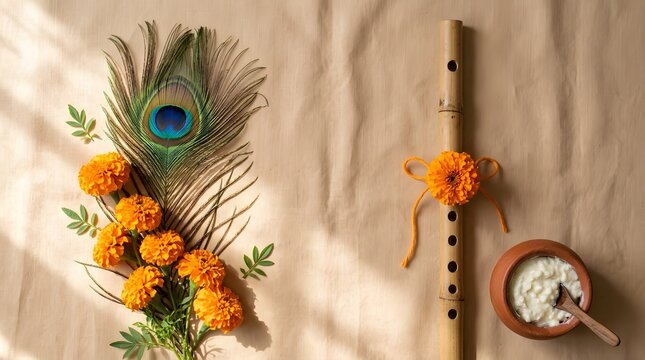 Krishna Janmashtami Still Life with Peacock Feather, Bansuri Flute, Marigold Flowers, and Butter Bowl