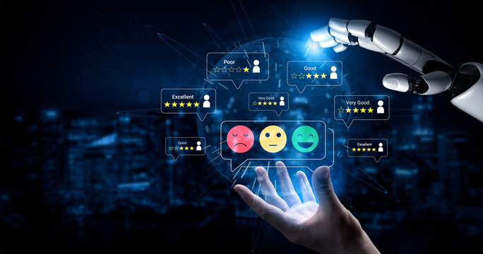 Futuristic Robot Hand Interacting with Colorful Feedback Icons and Ratings Over Dark Background Representing AI Review System and Customer Experience. Glyphic.