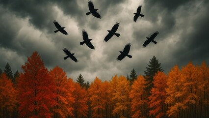 Naklejka premium Crows over autumn forest sky desktop wallpaper