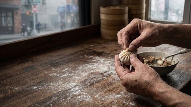Chef Making Dumplings by Hand on Wooden Table in Restaurant