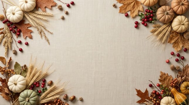 Autumn border of colorful pumpkins dried wheat and fall leaves with copy space