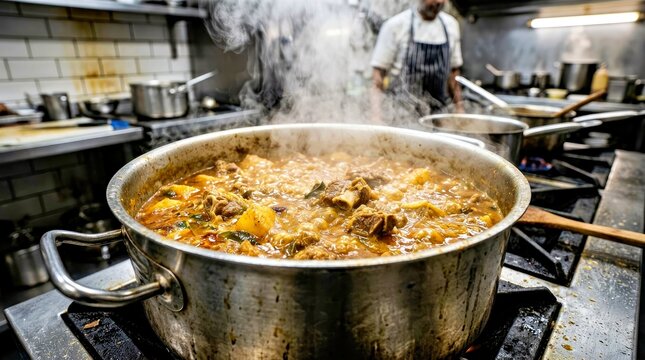 Steaming Beef Stew With Root Vegetables in a Bustling Commercial Kitchen
