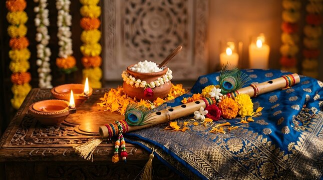 Traditional Krishna Puja Offering with Flute, Peacock Feathers, Flowers, Fruits, and Sweets