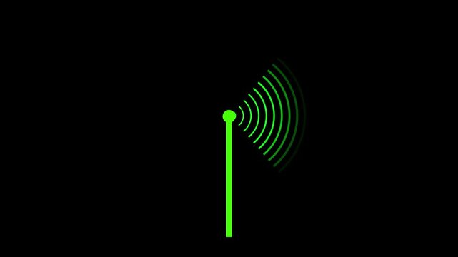 Green radio tower transmitting signal waves in a dark environment with cinematic motion for tech concepts