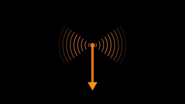 Wireless signal transmission icon animation in digital network communication on black background