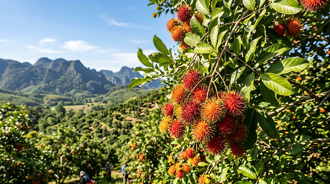Ripe rambutan fruits hanging on a tropical tree branch 1.