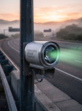 Smart Optical Traffic Surveillance Camera Monitoring Modern Highway At Dawn