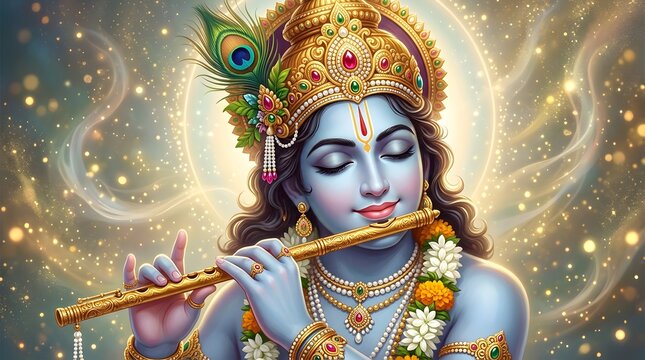Lord Krishna Playing Flute with Peacock Feather Crown, Glowing Spiritual Hindu Devotional Artwork