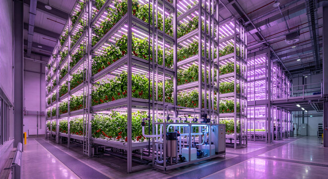 Vertical farm with tomato plants and LED grow lights