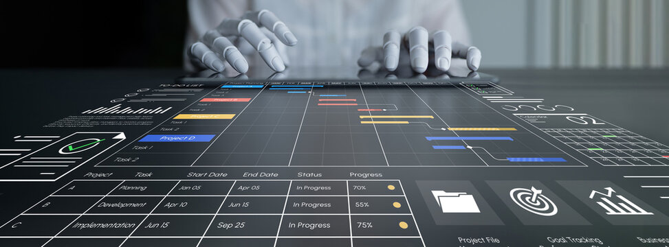 Futuristic Digital Project Management Dashboard with Hands Interacting with Data Visualization Interface in a Modern Workspace. Entropy.