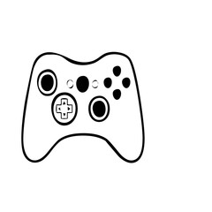 Minimalist black and white line art illustration of a video game controller icon. © khan