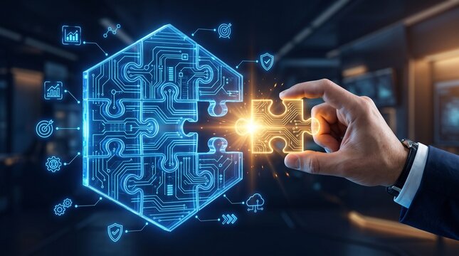 Digital puzzle solution concept with glowing connection representing technology integration and business problem solving