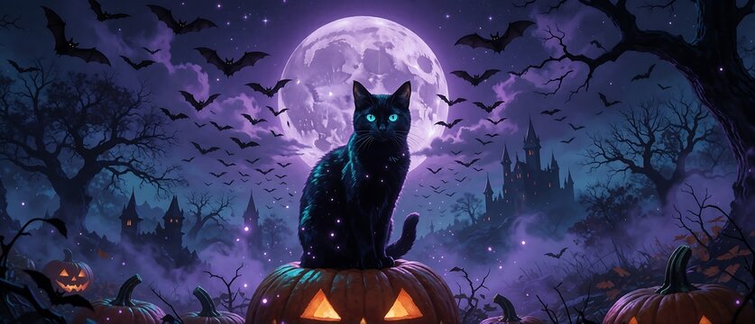 Black cat sitting on a pumpkin under a full moon at night
