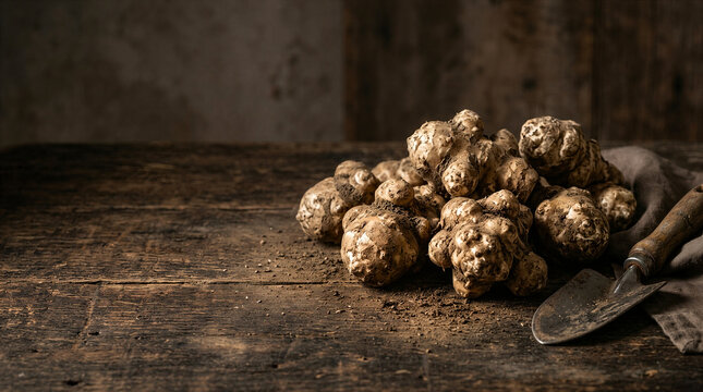 Jerusalem artichoke tubers on rustic wooden table