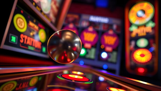 Close-up inside a vintage pinball machine, a silver ball near colorful bumpers.
