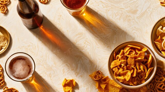 A bright composition featuring a beer snack arranged across pale cream plaster creating clean commercial aesthetics