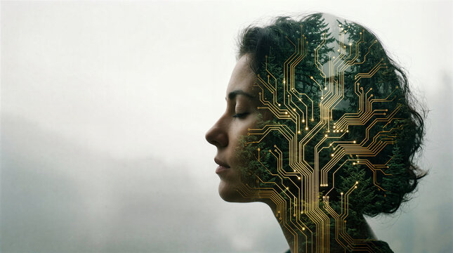 Woman profile with circuit board overlay