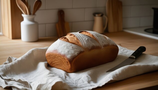 Freshly Baked Artisan Sourdough Bread Loaf Dusted with Flour on Linen Cloth with Bread Knife on Wooden Kitchen Counter