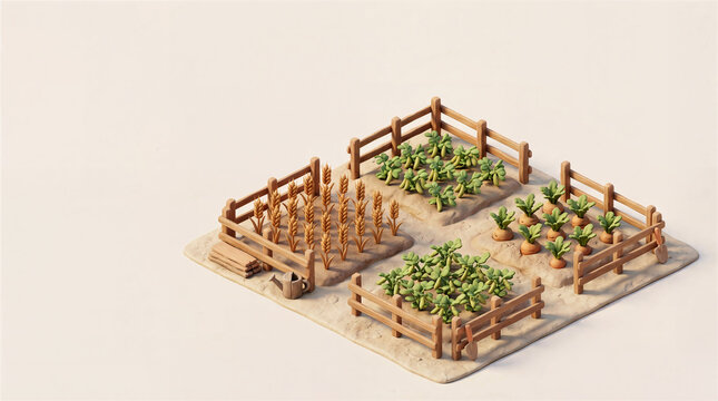 Isometric vegetable garden with wheat and carrots