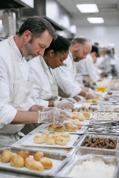 Chefs prepare buns in the hotel's kitchen. A motley team of chefs in white uniforms and gloves prepares dough buns; catering, teamwork of chefs