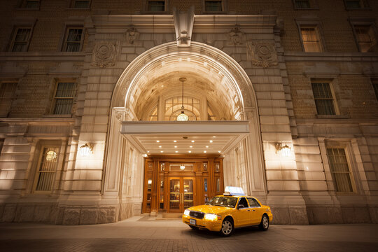 A yellow taxi stands at the entrance to the illuminated arch of the hotel in the evening, the warm light of the lanterns highlights the carved details, the urban nightscape creates a cozy atmosphere.