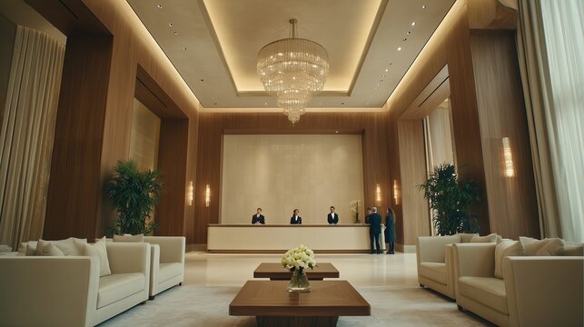 Luxurious hotel lobby with reception. Spacious hotel lobby with reception, upholstered furniture, and a chandelier, creating an atmosphere of comfort and premium service.