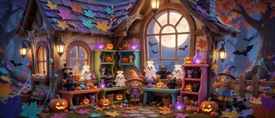 Fototapeta premium Whimsical Halloween cottage with pumpkins, friendly ghosts, black cats, witch dolls, bats and autumn decorations in a magical forest