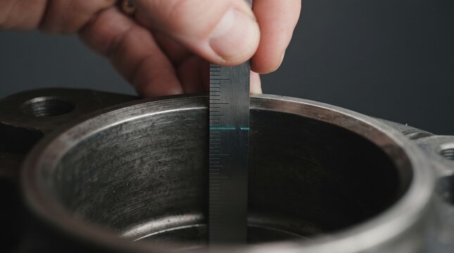 A hand carefully holds a ruler as it measures the depth of a metallic part in a workshop. The setting is filled with tools and machinery, capturing the spirit of craftsmanship.