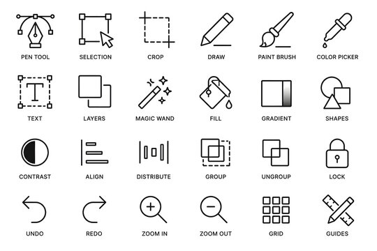 Set of Linear Graphic Design Software Tools and Interface Editing Icons