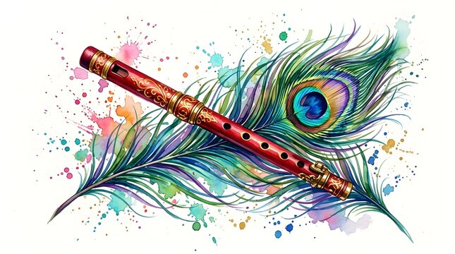 traditional Indian Bamboo Flute with Colorful Peacock Feather and Paint Splashes