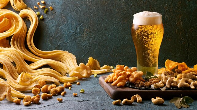 A flowing composition where crispy snacks create elegant curved patterns leading toward a chilled beer and accompanying beer snack platter