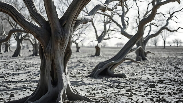 Drought-stricken landscape with twisted tree trunks and peeling bark revealing wooden skeleton on parched earth.