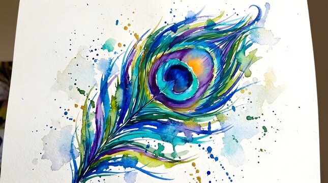 Vibrant Peacock Feather Watercolor Illustration with Artistic Splashes on White Background