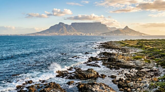 Stunning Coastal View of Table Mountain With Rugged Shoreline and Powerful Ocean Waves