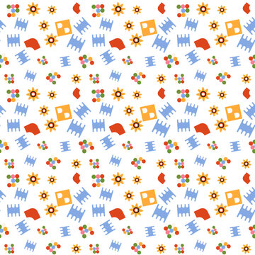 Playful seamless pattern with abstract colorful geometric shapes icons and stars on bright white background creating cheerful vibrant mood