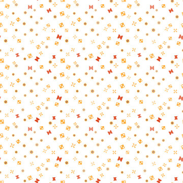 Seamless confetti pattern featuring tiny bows and stars with bright warm colors on white background creating cheerful festive mood