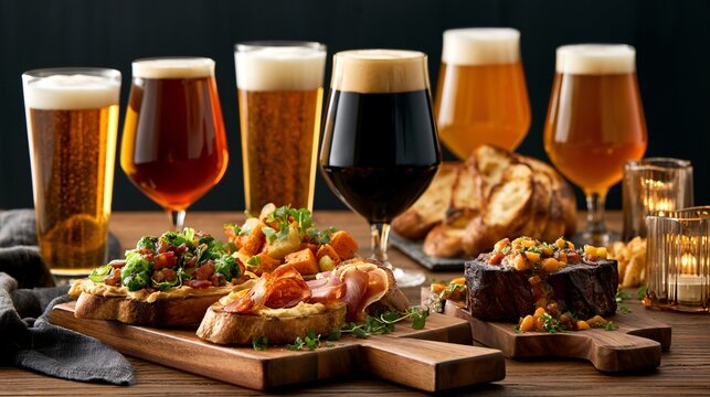 A luxury brewery composition featuring food served with beer beside premium glassware and artisan serving boards